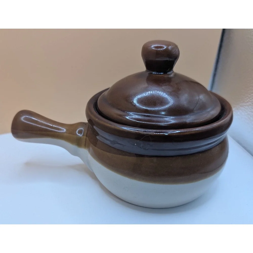 Vintage Two Tone Brown Cream Stoneware French Onion Soup Crock with Lid Handle